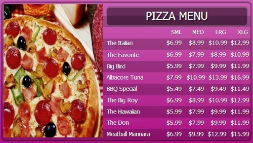 Digital Menu Board - 10 Items with 4 Price Levels in Purple color