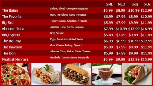 Digital Menu Board - 10 Items with 4 Price Levels in Red color