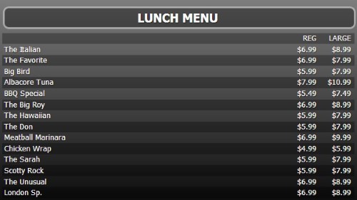 Digital Menu Board - 15 Items with 2 Price Levels in Black color