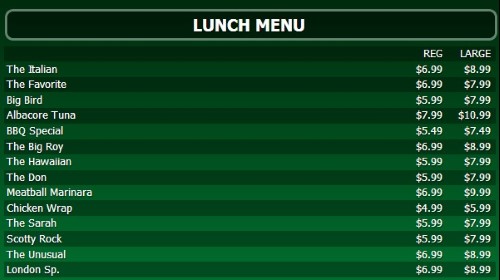 Digital Menu Board - 15 Items with 2 Price Levels in Green color