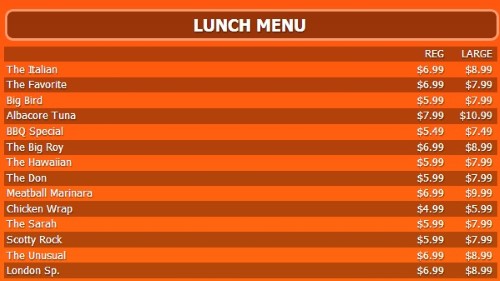 Digital Menu Board - 15 Items with 2 Price Levels in Orange color