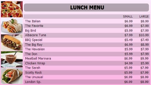 Digital Menu Board - 15 Items with 2 Price Levels in Pink color