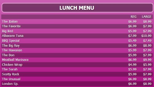 Digital Menu Board - 15 Items with 2 Price Levels in Purple color