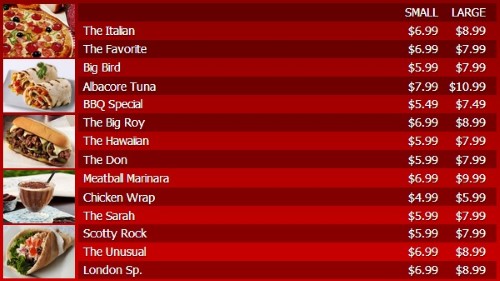 Digital Menu Board - 15 Items with 2 Price Levels in Red color