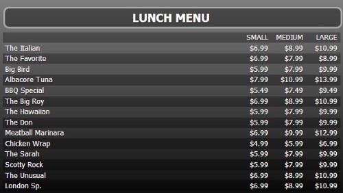 Digital Menu Board - 15 Items with 3 Price Levels in Black color