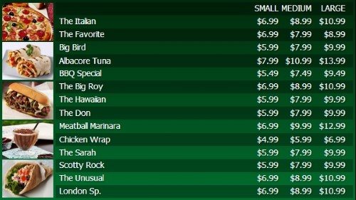 Digital Menu Board - 15 Items with 3 Price Levels in Green color