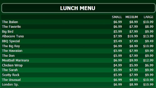 Digital Menu Board - 15 Items with 3 Price Levels in Green color