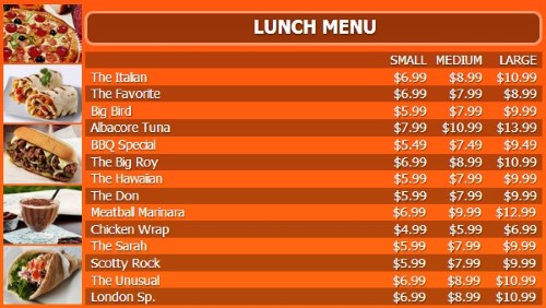 Digital Menu Board - 15 Items with 3 Price Levels in Orange color