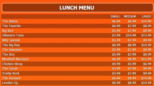 Digital Menu Board - 15 Items with 3 Price Levels in Orange color