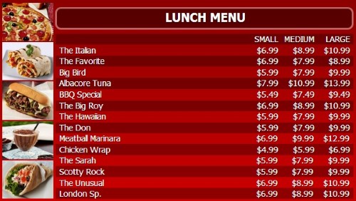 Digital Menu Board - 15 Items with 3 Price Levels in Red color