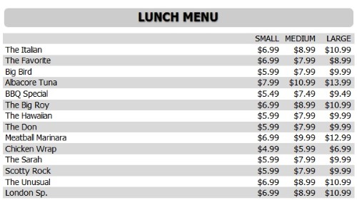 Digital Menu Board - 15 Items with 3 Price Levels in White color