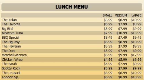 Digital Menu Board - 15 Items with 3 Price Levels in Yellow color