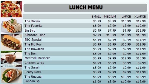 Digital Menu Board - 15 Items with 4 Price Levels in Blue color