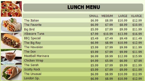 Digital Menu Board - 15 Items with 4 Price Levels in Green color