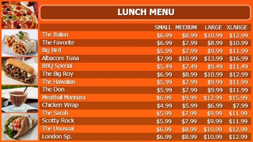 Digital Menu Board - 15 Items with 4 Price Levels in Orange color