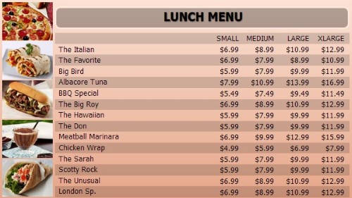 Digital Menu Board - 15 Items with 4 Price Levels in Orange color