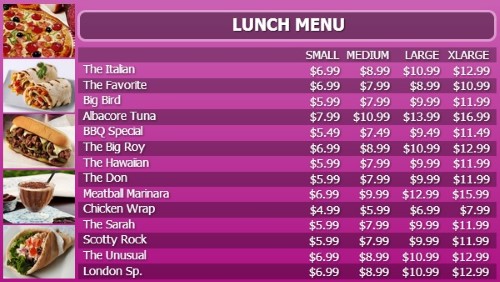 Digital Menu Board - 15 Items with 4 Price Levels in Purple color