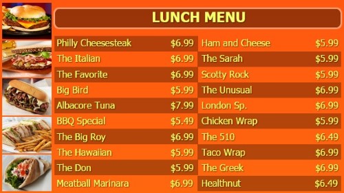 Digital Menu Board - 20 Items - Yellow Text in Orange color