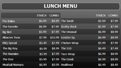 Digital Menu Board - 20 Items with 2 Price Levels in Black color