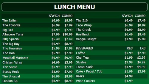 Digital Menu Board - 30 Items with 2 Price Levels in Green color