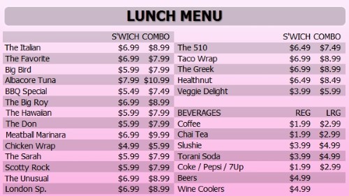 Digital Menu Board - 30 Items with 2 Price Levels in Pink color