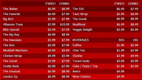 Digital Menu Board - 30 Items with 2 Price Levels in Red color