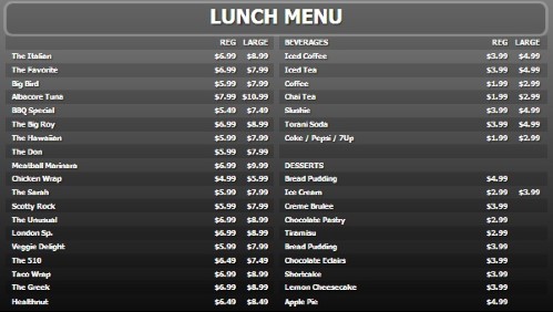 Digital Menu Board - 40 Items with 2 Price Levels in Black color