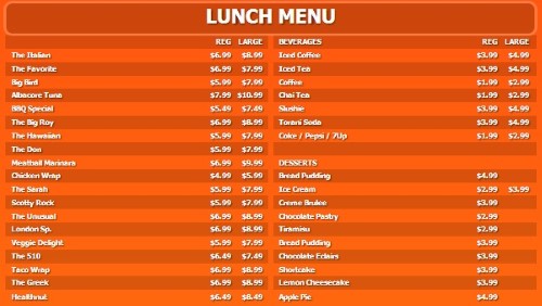 Digital Menu Board - 40 Items with 2 Price Levels in Orange color