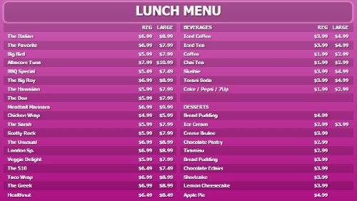 Digital Menu Board - 40 Items with 2 Price Levels in Purple color