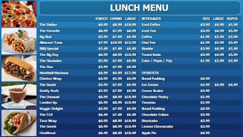 Digital Menu Board - 40 Items with 3 Price Levels in Blue color