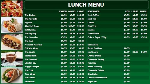 Digital Menu Board - 40 Items with 3 Price Levels in Green color