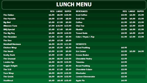 Digital Menu Board - 40 Items with 3 Price Levels in Green color