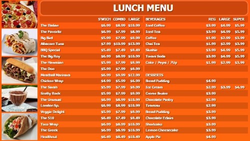 Digital Menu Board - 40 Items with 3 Price Levels in Orange color