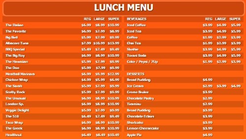 Digital Menu Board - 40 Items with 3 Price Levels in Orange color