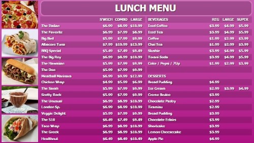 Digital Menu Board - 40 Items with 3 Price Levels in Purple color