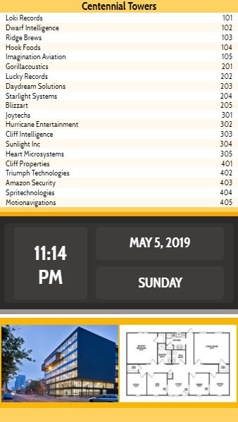 Vertical Lobby Directory with Date and Time - 20 Items in Yellow color