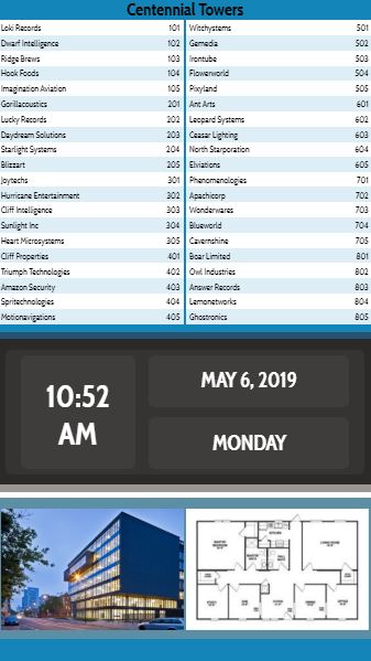 Digital Signage Advertising Template for Vertical Lobby Directory with Date and Time - 40 Items