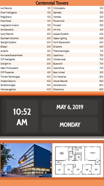 Vertical Lobby Directory with Date and Time - 40 Items in Orange color