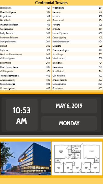 Vertical Lobby Directory with Date and Time - 40 Items in Yellow color