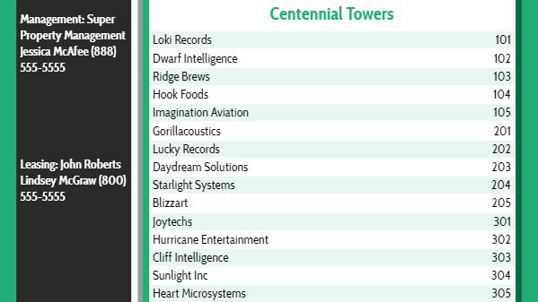 Lobby Directory - 15 Items in Green color