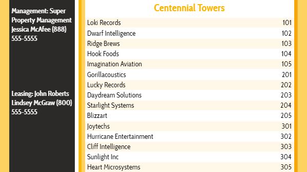 Lobby Directory - 15 Items in Yellow color