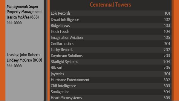 Lobby Directory - 15 Items in Orange color