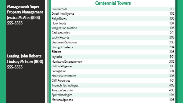 Lobby Directory - 20 Items in Green color