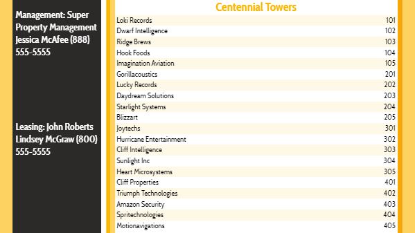 Lobby Directory - 20 Items in Yellow color