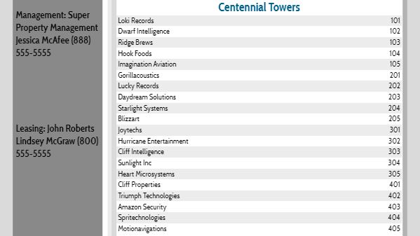 Lobby Directory - 20 Items in White color