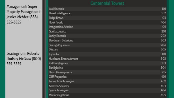 Lobby Directory - 20 Items in Emerald color