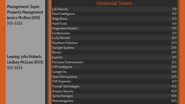 Lobby Directory - 20 Items in Orange color