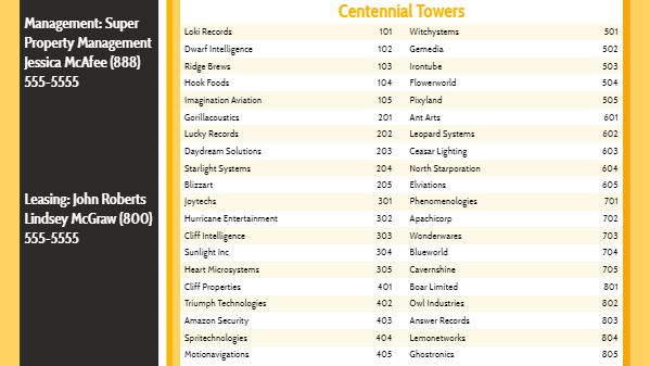 Lobby Directory - 40 Items in Yellow color