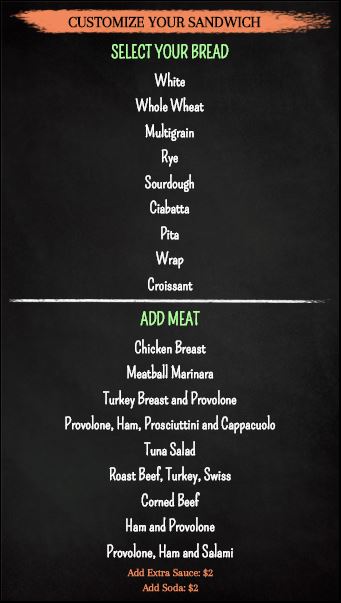 Vertical Build Your Own Chalk Board Menu - 20 Items in Black color