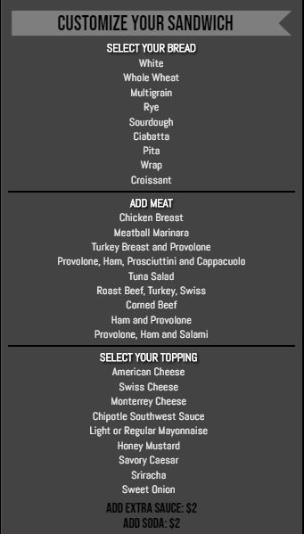 Vertical Build Your Own Menu  - 30 Items in Black color